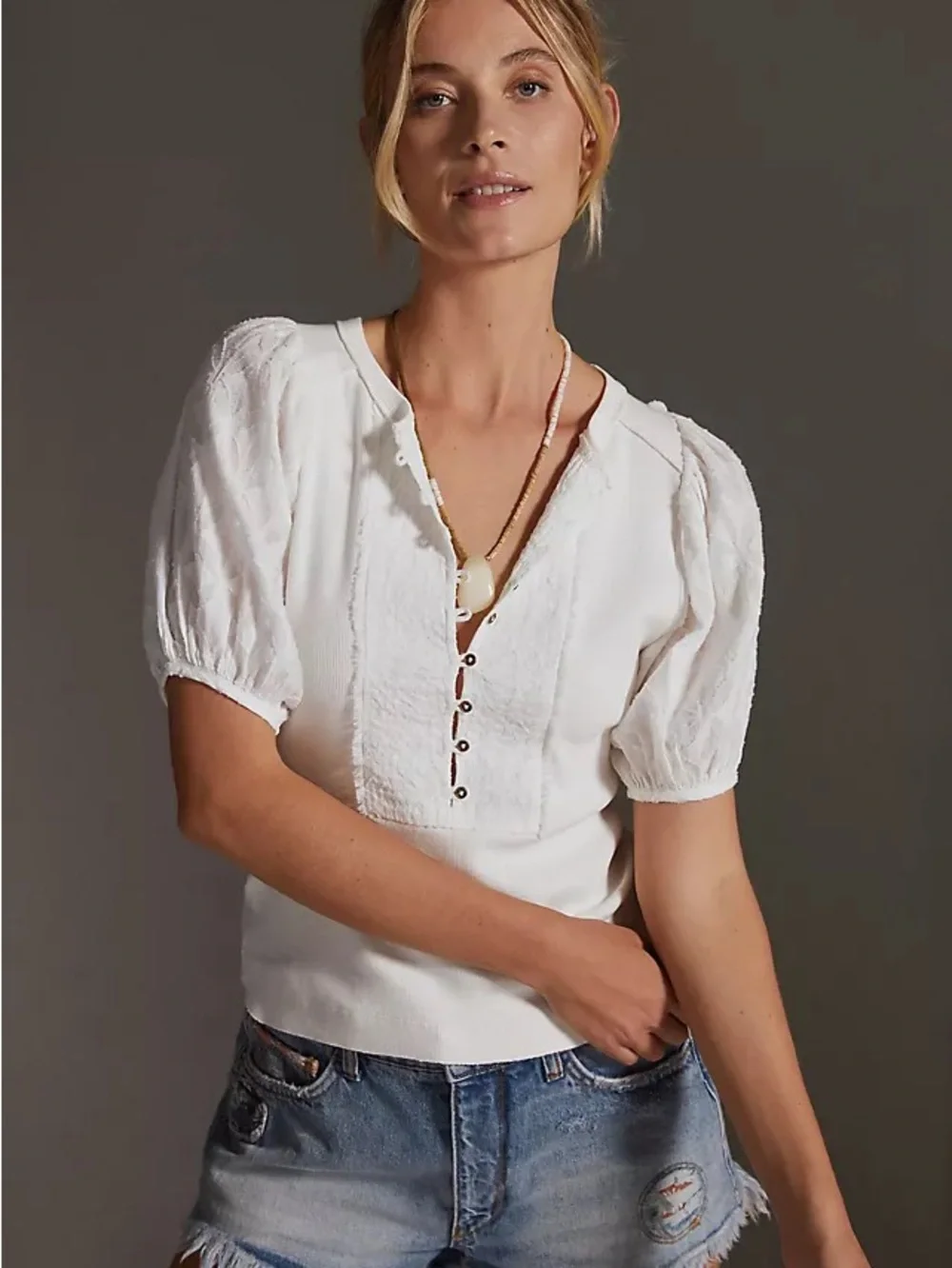 Anthropologie Ivory Textured Puff-Sleeve Button Henley Blouse